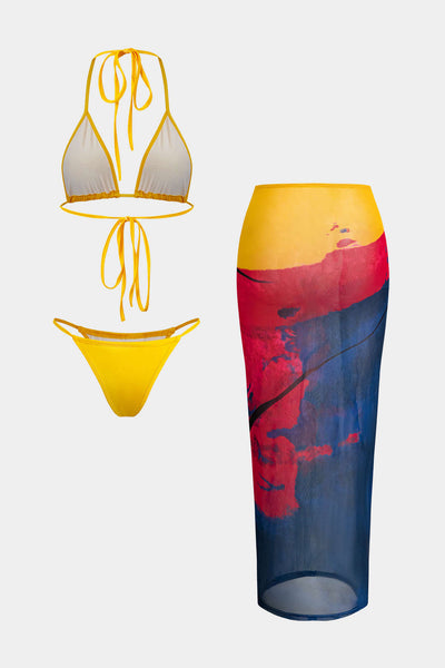 Halter Yaka Sarma Pareo Üç Parça Bikini Takımı - JUNETTI®