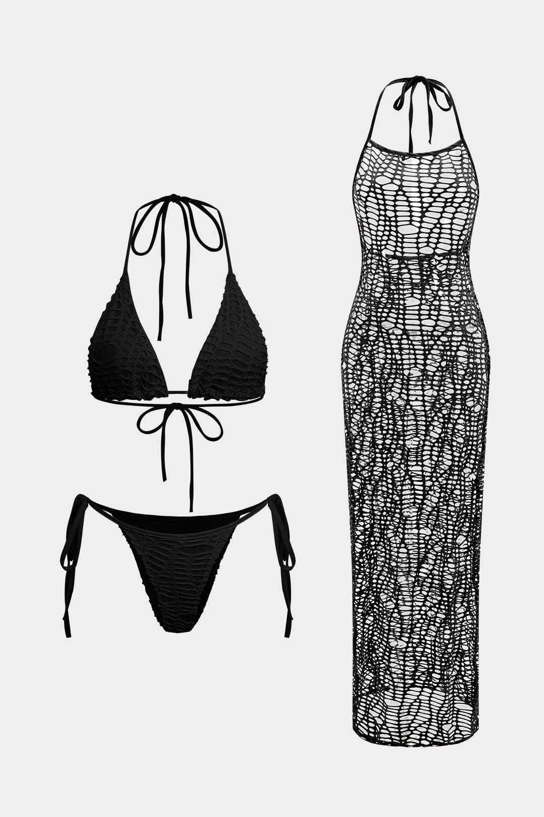 Dokulu Halter Yaka Bikini ve Açık Örgü Pareo Takımı - JUNETTI®