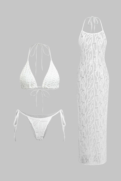 Dokulu Halter Yaka Bikini ve Açık Örgü Pareo Takımı - JUNETTI®