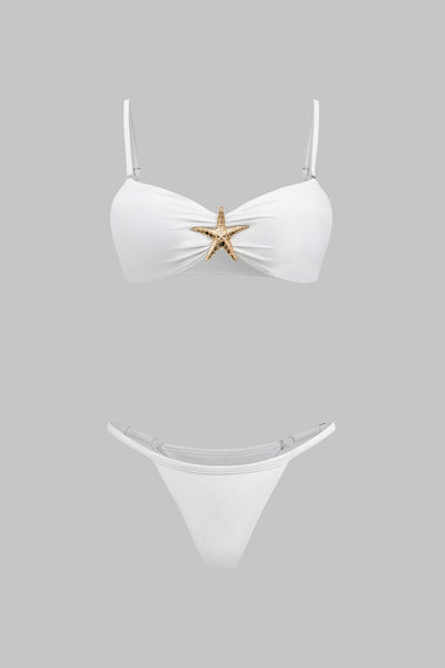 Metalik Dekorlu Büzgülü Sırt Dekolteli Bikini ve Pareo Takımı - JUNETTI®