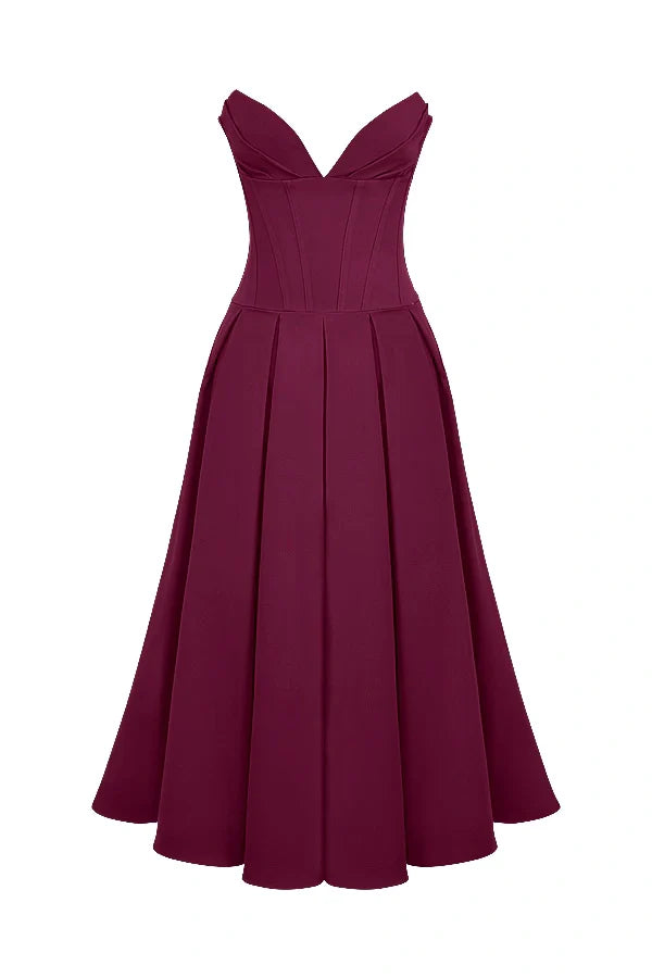 Şarap Strapless Midi Elbise