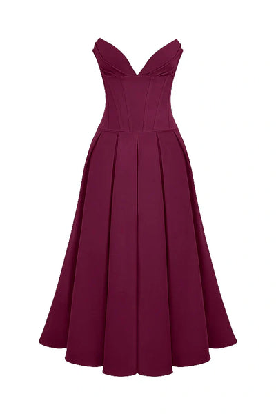 Şarap Strapless Midi Elbise