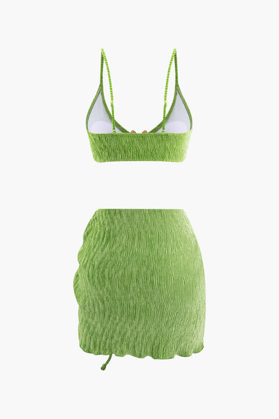 Kadife Dokulu U Yüzük Bikini ve Sarong 3 Parça Takım - JUNETTI®