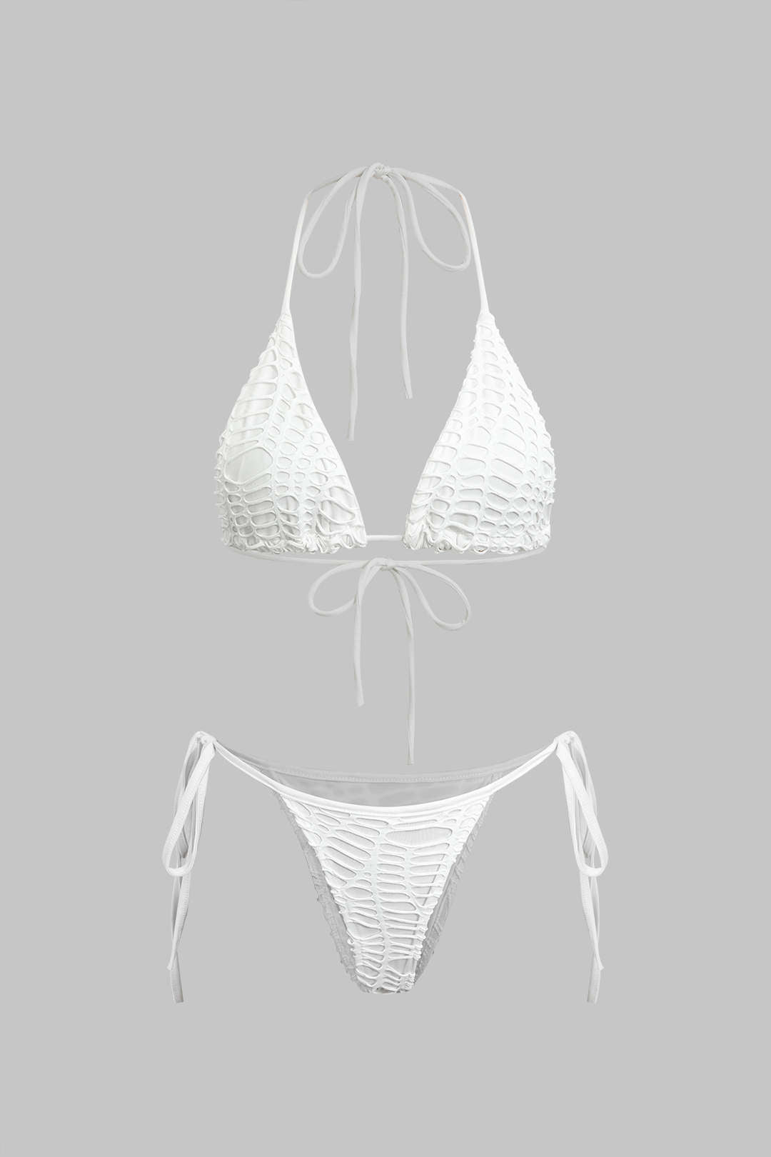 Dokulu Halter Yaka Bikini ve Açık Örgü Pareo Takımı - JUNETTI®
