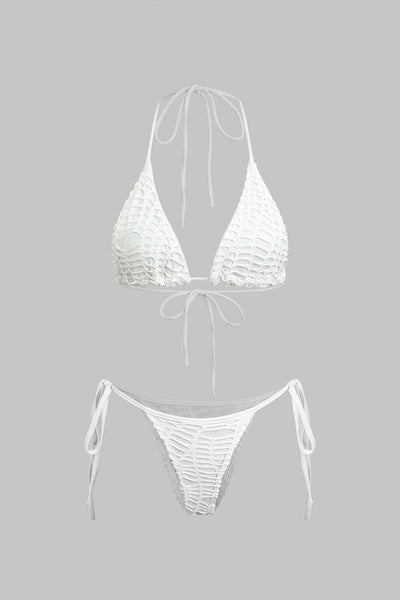 Dokulu Halter Yaka Bikini ve Açık Örgü Pareo Takımı - JUNETTI®