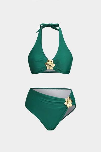 Metalik Dekorlu Büzgülü Bağlamalı Sırt Dekolteli Bikini Takımı - JUNETTI®