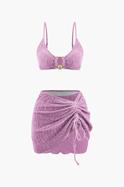 Kadife Dokulu U Yüzük Bikini ve Sarong 3 Parça Takım - JUNETTI®