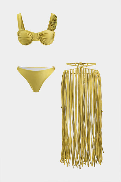 3D Çiçek Büzgülü Şifon Bikini ve Püsküllü Çekmeli Pareo Üç Parça Takım - JUNETTI®