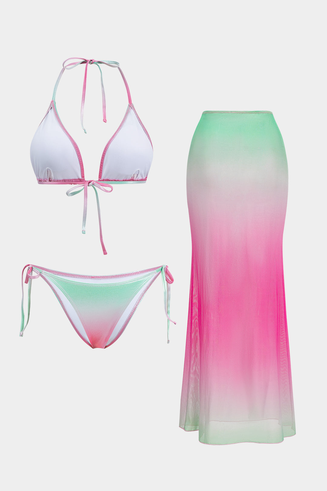 Ombre Desenli Büzgülü Sırt Dekolteli Bağlamalı Bikini ve Pareo Takımı
