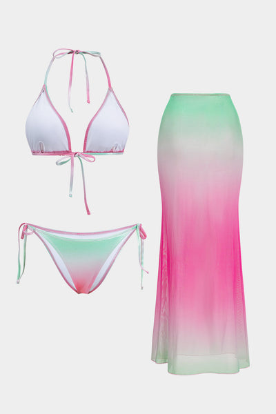 Ombre Desenli Büzgülü Sırt Dekolteli Bağlamalı Bikini ve Pareo Takımı