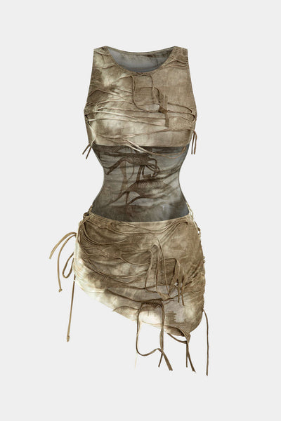 Halter Yaka Bikini ve Tie Dye Pareo Sarong 3 Parça Takım - JUNETTI®
