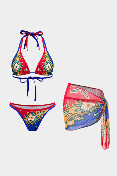 Çiçek Desenli Büzgülü Bağlamalı Bikini ve Bağcıklı Düğümlü Üst Giyim Seti - JUNETTI®