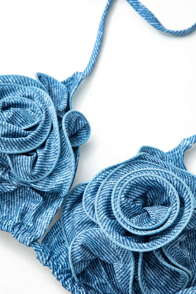 3D Çiçekli Kot Askılı Bikini Takımı - JUNETTI®