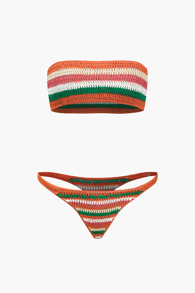 Gökkuşağı Desenli Şeritli Tığ İşi Bikini Takımı - JUNETTI®