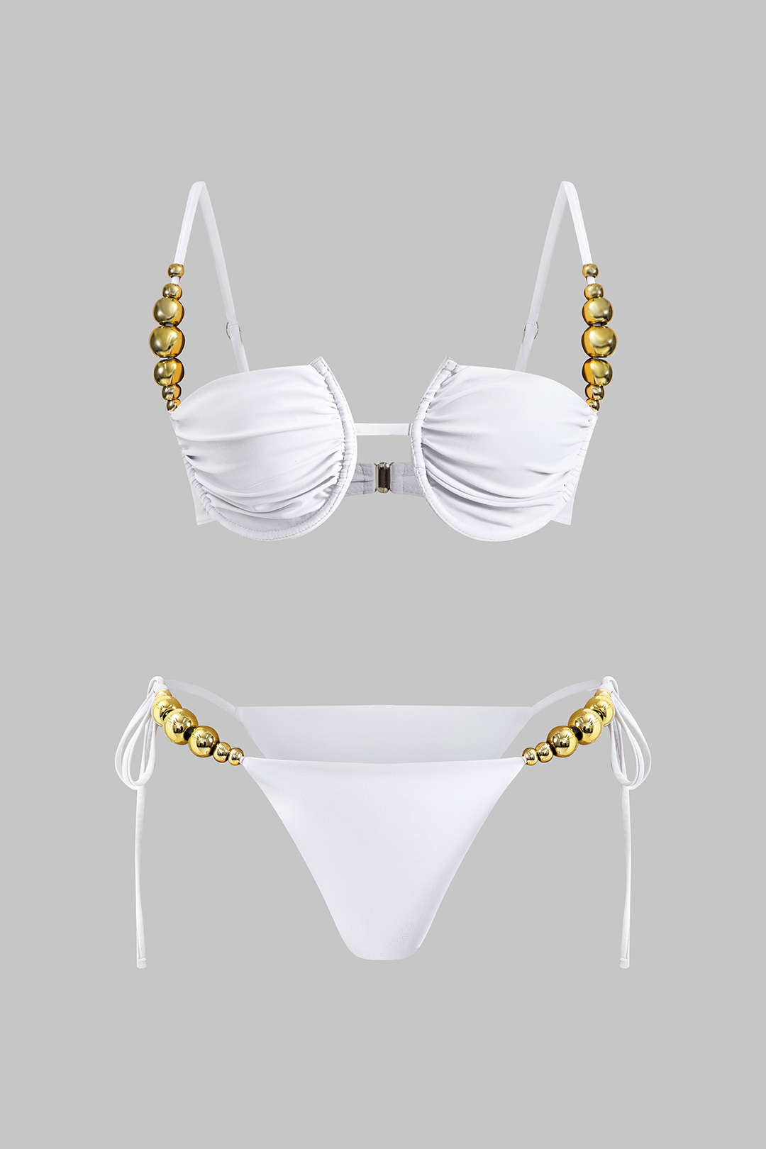 Boncuk Detaylı Büzgülü Düğme Bağlamalı Sırt Dekolteli Bikini Takımı - JUNETTI®