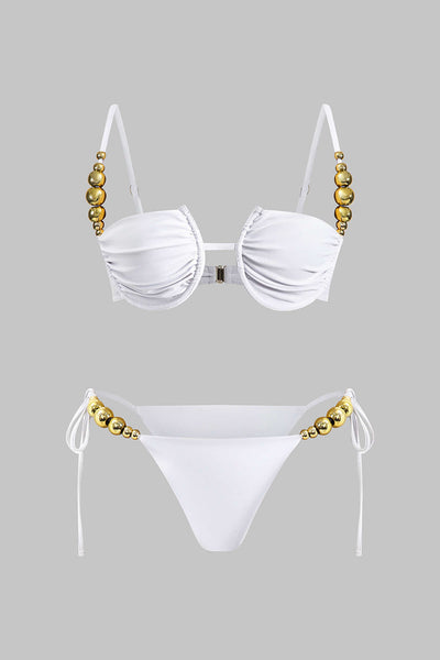 Boncuk Detaylı Büzgülü Düğme Bağlamalı Sırt Dekolteli Bikini Takımı - JUNETTI®