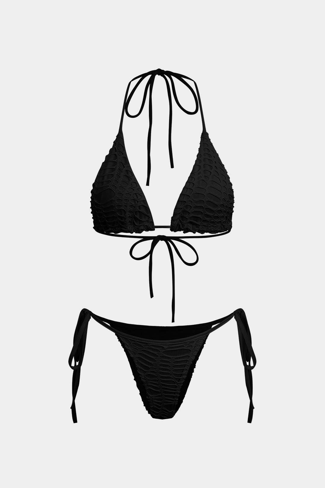 Dokulu Halter Yaka Bikini ve Açık Örgü Pareo Takımı - JUNETTI®