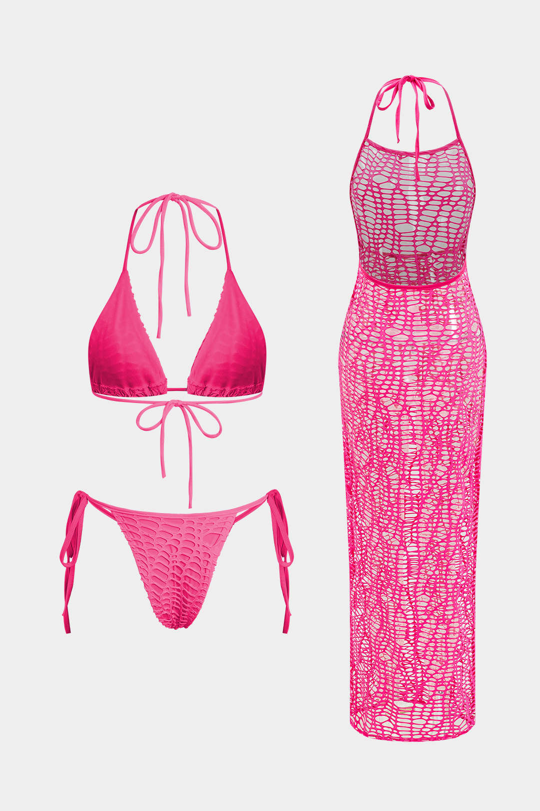 Dokulu Halter Yaka Bikini ve Açık Örgü Pareo Takımı - JUNETTI®