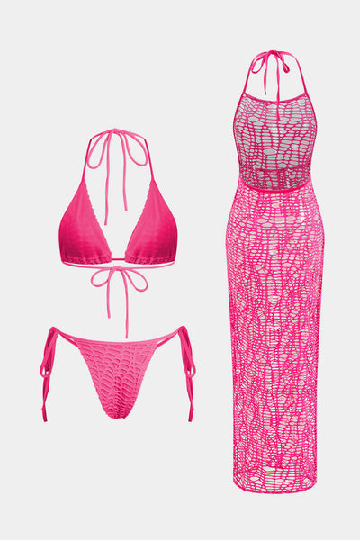 Dokulu Halter Yaka Bikini ve Açık Örgü Pareo Takımı - JUNETTI®