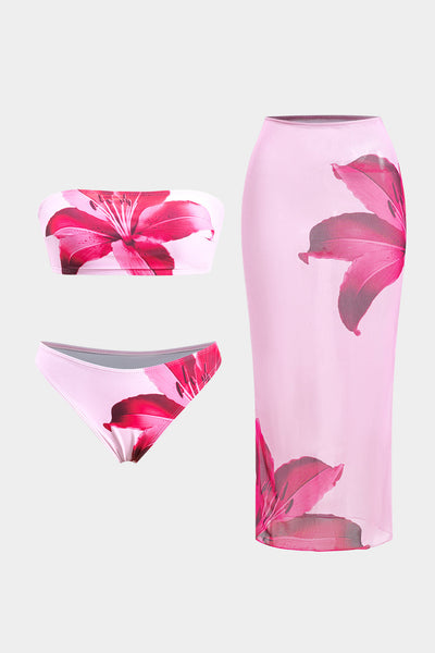 Çiçek Desenli Mesh Sırt Dekolteli Bikini ve Pareo Takımı - JUNETTI®