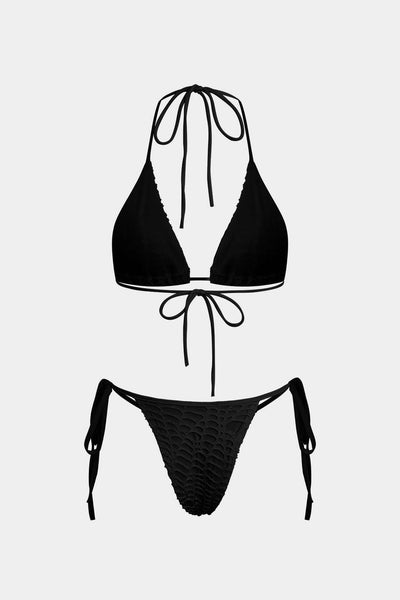 Dokulu Halter Yaka Bikini ve Açık Örgü Pareo Takımı - JUNETTI®