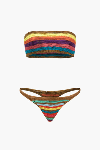 Gökkuşağı Desenli Şeritli Tığ İşi Bikini Takımı - JUNETTI®