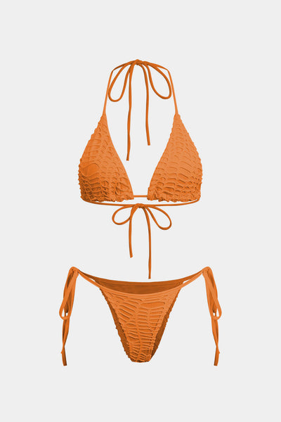 Dokulu Halter Yaka Bikini ve Açık Örgü Pareo Takımı - JUNETTI®