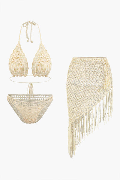 Tığ İşi Halter Yaka Bikini Takımı ve Asimetrik Püsküllü Pareo Takımı - JUNETTI®