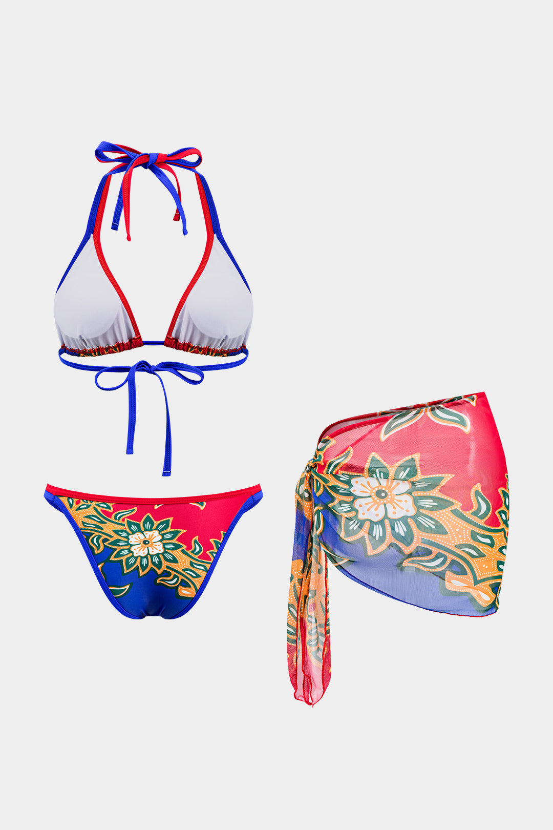 Çiçek Desenli Büzgülü Bağlamalı Bikini ve Bağcıklı Düğümlü Üst Giyim Seti - JUNETTI®