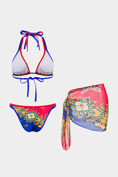 Çiçek Desenli Büzgülü Bağlamalı Bikini ve Bağcıklı Düğümlü Üst Giyim Seti - JUNETTI®