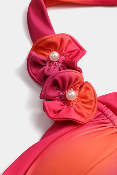 Ombre Desenli 3D Çiçek İnci Detaylı Büzgülü Bağlamalı Bikini Takımı - JUNETTI®
