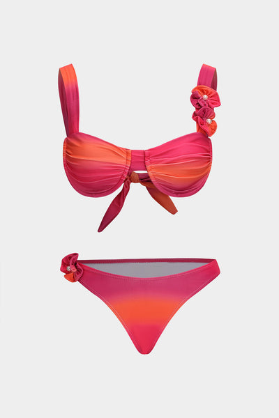 Ombre Desenli 3D Çiçek İnci Detaylı Büzgülü Bağlamalı Bikini Takımı - JUNETTI®