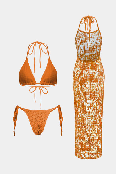Dokulu Halter Yaka Bikini ve Açık Örgü Pareo Takımı - JUNETTI®