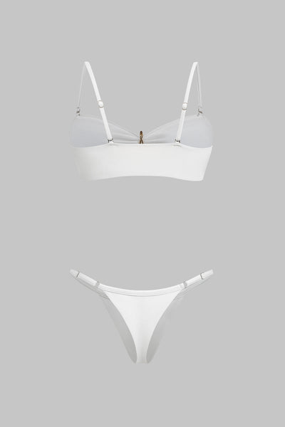 Metalik Dekorlu Büzgülü Sırt Dekolteli Bikini ve Pareo Takımı - JUNETTI®