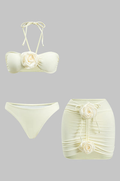 3D Çiçekli Büzgülü Bağlamalı Bikini ve Üst Giyim Seti - JUNETTI®