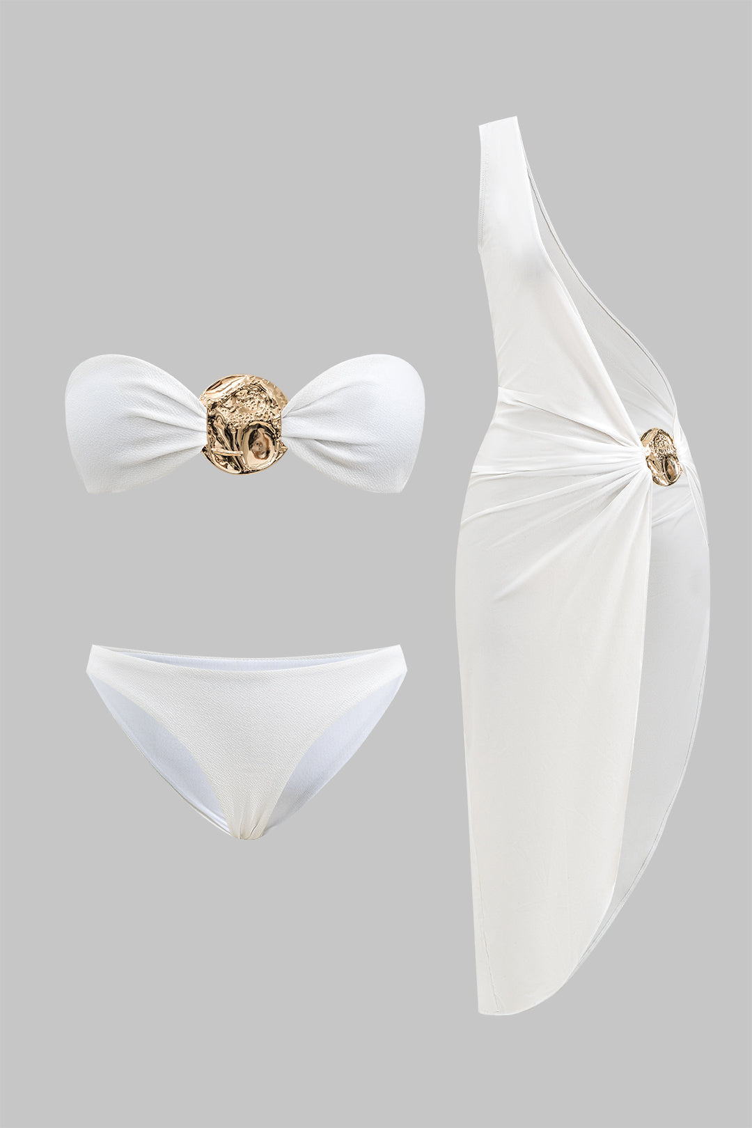 Metalik Büzgülü Sırt Dekolteli Bikini ve Tek Omuzlu Pareo Takımı - JUNETTI®