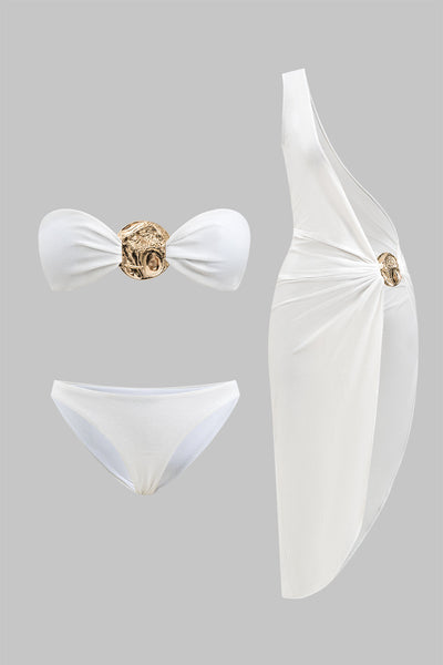 Metalik Büzgülü Sırt Dekolteli Bikini ve Tek Omuzlu Pareo Takımı - JUNETTI®