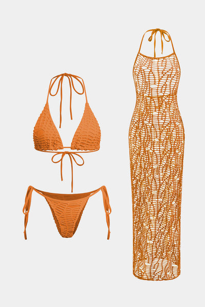 Dokulu Halter Yaka Bikini ve Açık Örgü Pareo Takımı - JUNETTI®