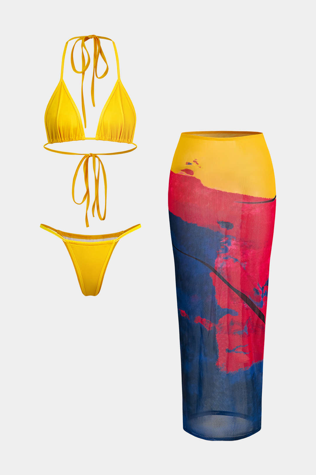 Halter Yaka Sarma Pareo Üç Parça Bikini Takımı - JUNETTI®