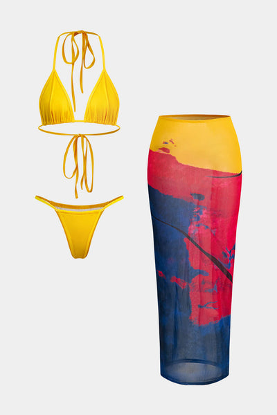 Halter Yaka Sarma Pareo Üç Parça Bikini Takımı - JUNETTI®
