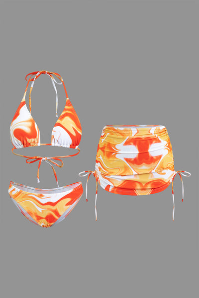 Ombre Desenli Tie Dye Baş Bantları, Mesh Büzgülü Bağlamalı Sırt Dekolteli Bikini ve Bağlama Detaylı Pareo Takımı - JUNETTI®