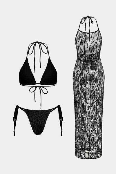 Dokulu Halter Yaka Bikini ve Açık Örgü Pareo Takımı - JUNETTI®