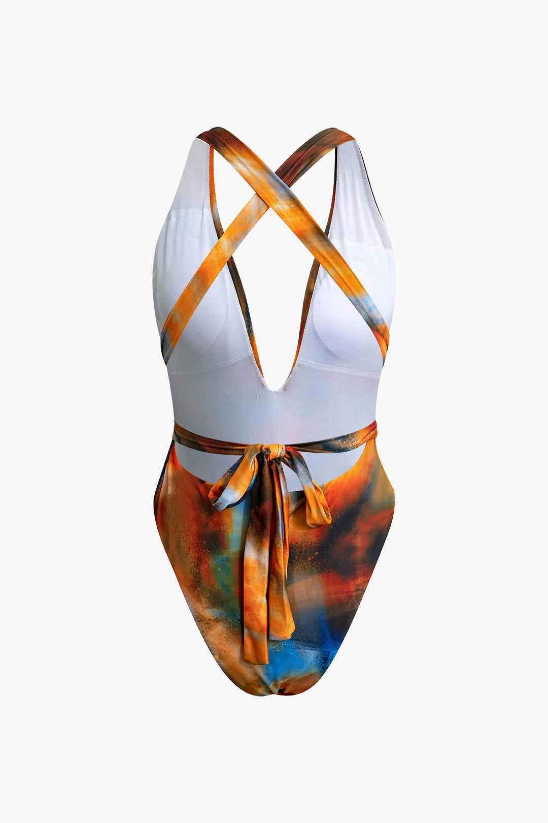Soyut Desenli V Yaka Çapraz Sırt Bağlamalı Mayo ve Mesh Sarong Etek Takımı - JUNETTI®