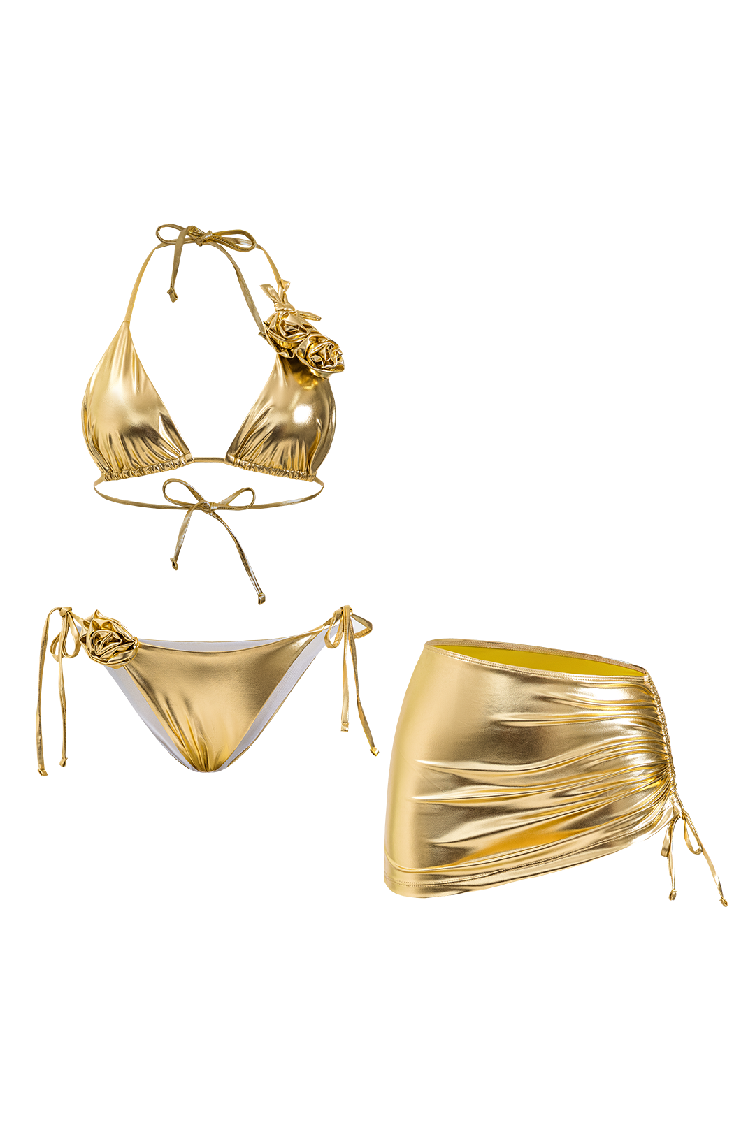 3D Çiçekli Büzgülü Bağlamalı Bikini ve Etek Takımı - JUNETTI®