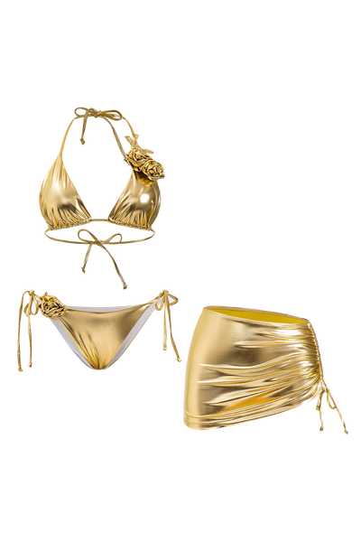 3D Çiçekli Büzgülü Bağlamalı Bikini ve Etek Takımı - JUNETTI®