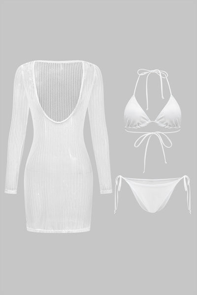 Bağlamalı Bikini ve Kollu Elbise 3'lü Set - JUNETTI®