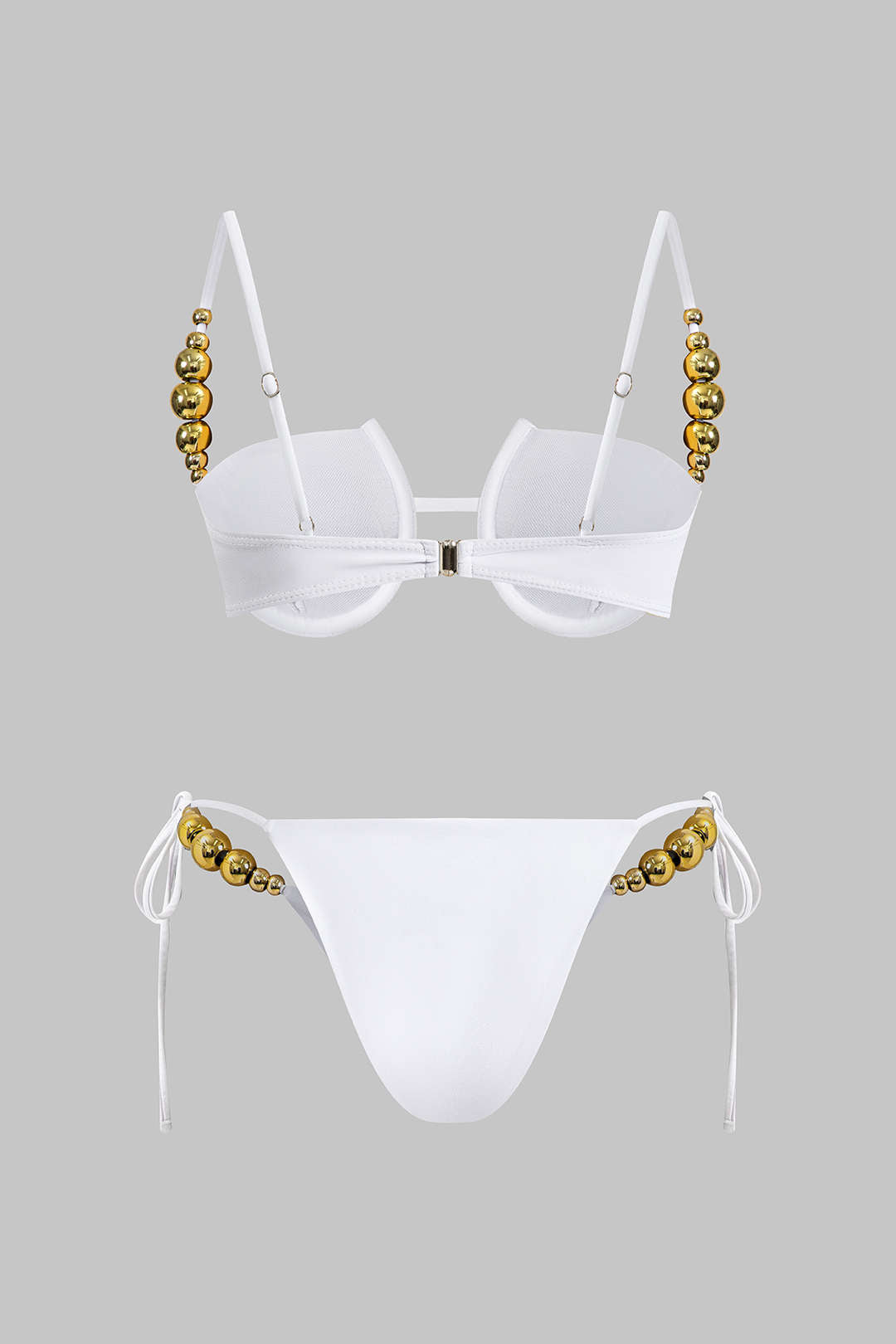 Boncuk Detaylı Büzgülü Düğme Bağlamalı Sırt Dekolteli Bikini Takımı - JUNETTI®