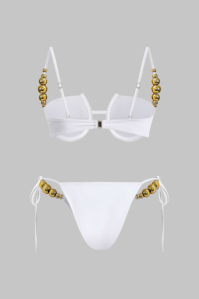 Boncuk Detaylı Büzgülü Düğme Bağlamalı Sırt Dekolteli Bikini Takımı - JUNETTI®