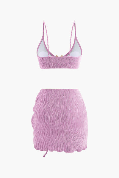 Kadife Dokulu U Yüzük Bikini ve Sarong 3 Parça Takım - JUNETTI®