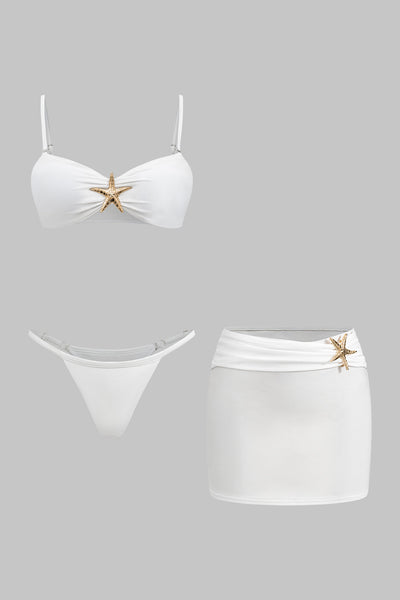 Metalik Dekorlu Büzgülü Sırt Dekolteli Bikini ve Pareo Takımı - JUNETTI®